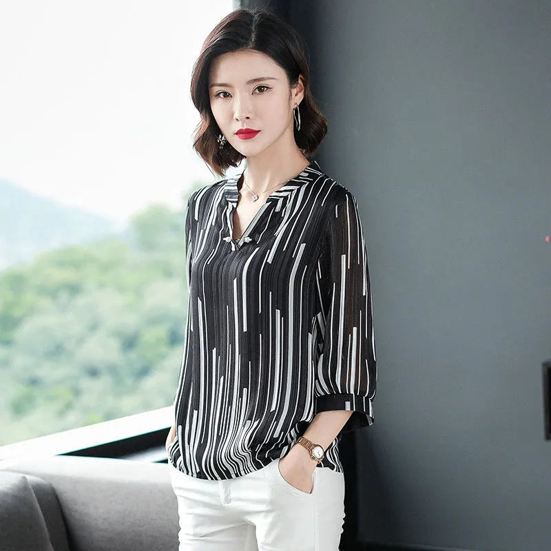 Women's Spring Summer Style Chiffon Blouses Blouse Shirt Women's Striped V-neck Three Quarter Sleeve Casual Loose Tops