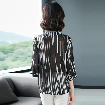 Women's Spring Summer Style Chiffon Blouses Blouse Shirt Women's Striped V-neck Three Quarter Sleeve Casual Loose Tops