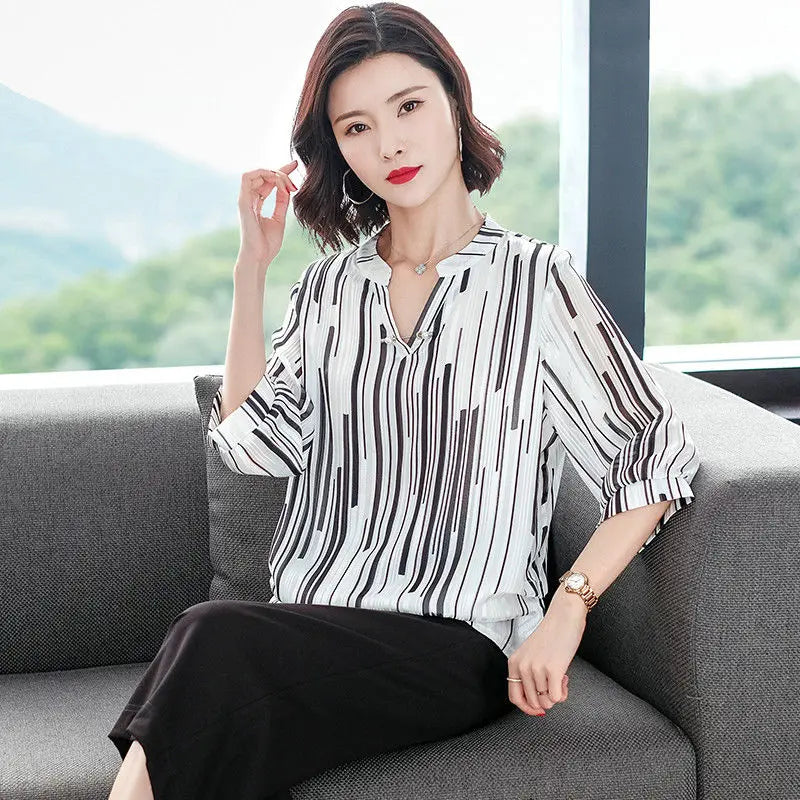 Women's Spring Summer Style Chiffon Blouses Blouse Shirt Women's Striped V-neck Three Quarter Sleeve Casual Loose Tops