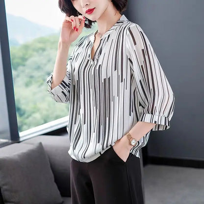 Women's Spring Summer Style Chiffon Blouses Blouse Shirt Women's Striped V-neck Three Quarter Sleeve Casual Loose Tops