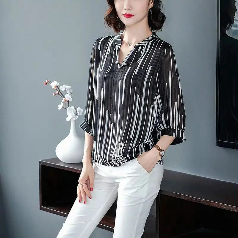 Women's Spring Summer Style Chiffon Blouses Blouse Shirt Women's Striped V-neck Three Quarter Sleeve Casual Loose Tops