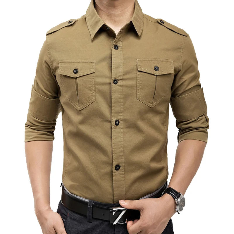 2024 Military Slim Fit Mens Long Sleeve Cargo Shirts Causaul Blouses Yellow Army green M-5XL