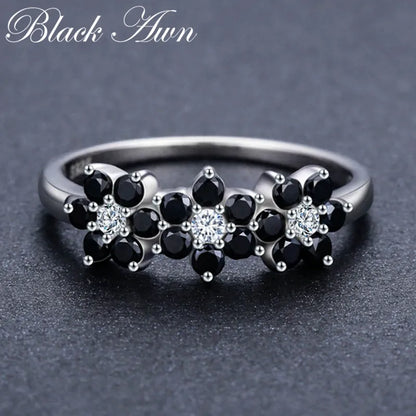 2024 New Cute Silver Color Jewelry Flower Bague Black Spinel Wedding Rings for Women Girl Party Gift