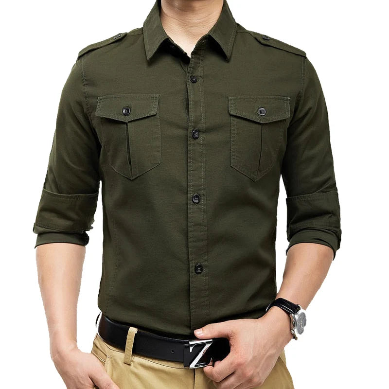 2024 Military Slim Fit Mens Long Sleeve Cargo Shirts Causaul Blouses Yellow Army green M-5XL