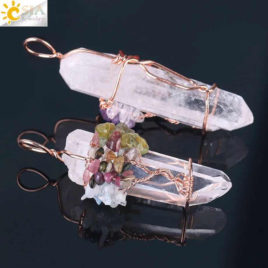 CSJA Natural Stone Rock Crystal Pendant Reiki Chakra Tree of Life Handmade Wire Wrapped Clear Quartz Pendant for Necklace