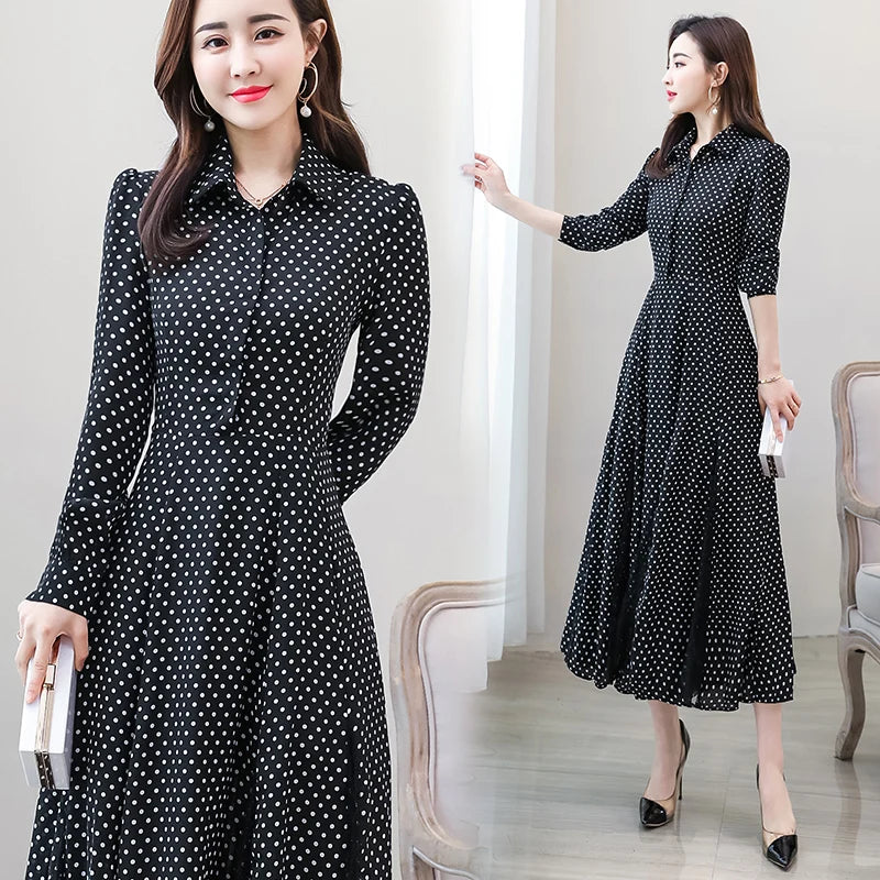 New chiffon stitching lace Dress lady elegant temperament long dress shirt collar long sleeve women print dresses