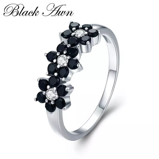 2024 New Cute Silver Color Jewelry Flower Bague Black Spinel Wedding Rings for Women Girl Party Gift