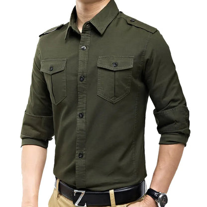 2024 Military Slim Fit Mens Long Sleeve Cargo Shirts Causaul Blouses Yellow Army green M-5XL