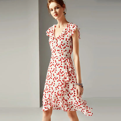 2024 spring and summer women's new fashion V-neck ruffled waist slimming silk printed A-line dress