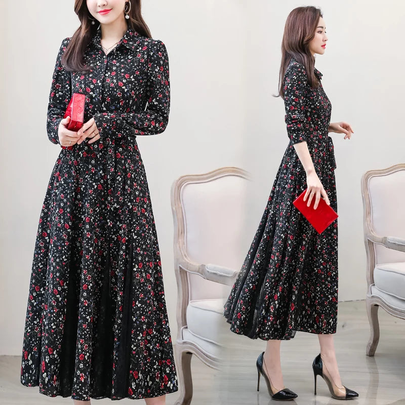 New chiffon stitching lace Dress lady elegant temperament long dress shirt collar long sleeve women print dresses