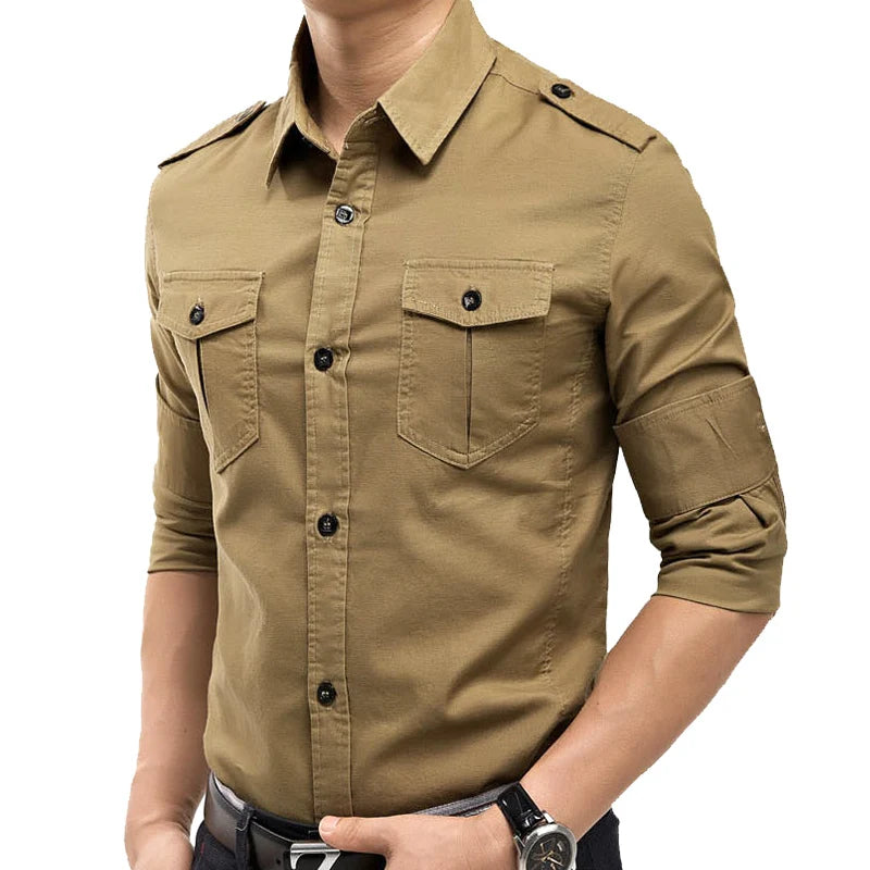 2024 Military Slim Fit Mens Long Sleeve Cargo Shirts Causaul Blouses Yellow Army green M-5XL