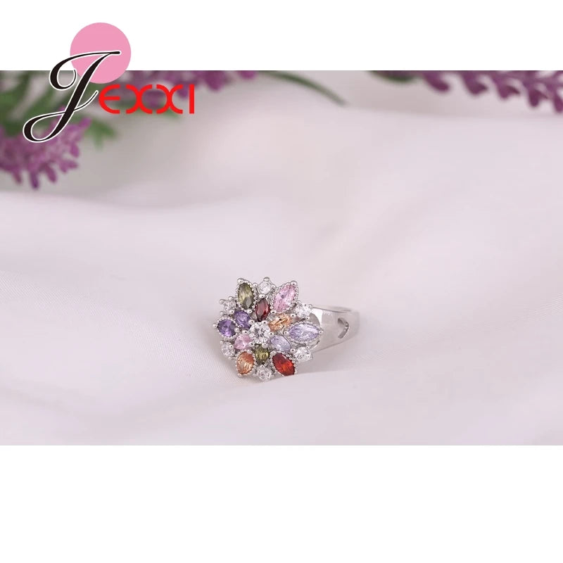 Girls Bling Jewelry Finger Accessories Fashion 925 Sterling Silver Colorized Flower Shape Rings Wholesale