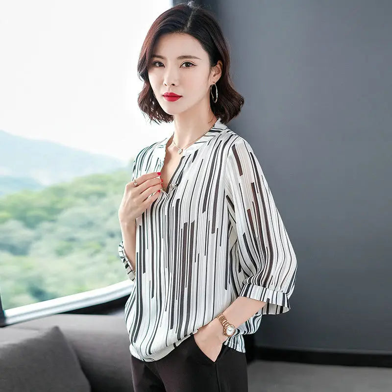 Women's Spring Summer Style Chiffon Blouses Blouse Shirt Women's Striped V-neck Three Quarter Sleeve Casual Loose Tops