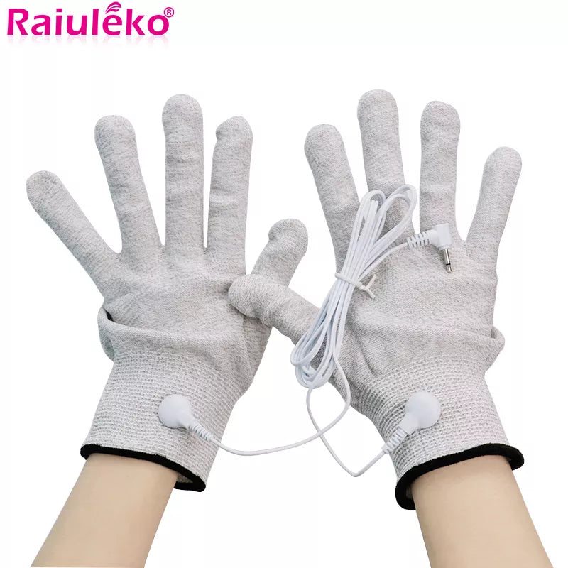 1Pair Magic Pulse Conductive Massage Gloves With Cable For Ten Fingers Health Care Machines Electric Acupuncture Physiotherapy Massager