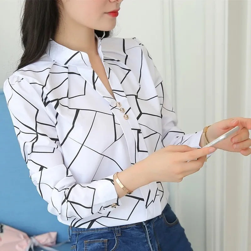 JFUNCY Women White Tops Women's Blouses Fashion Stripe Print Casual Long Sleeve Office Lady Work Shirts Female Slim blouse