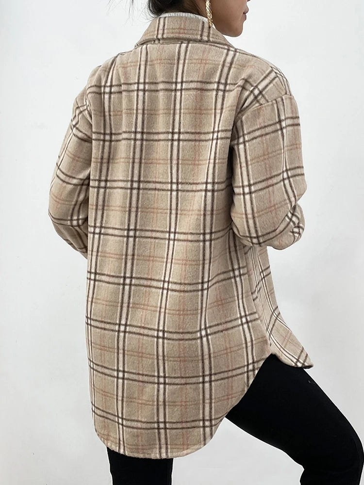 Autumn Spring Vintage Plaid Shirt Women Casual White Long Sleeve Pocket Collared Shirts Top Clothes