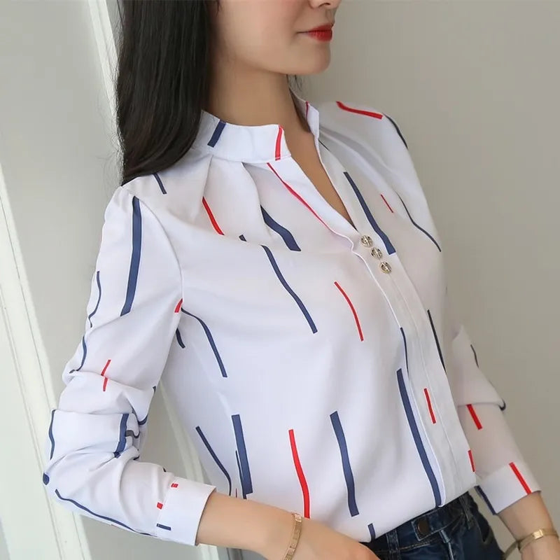 JFUNCY Women White Tops Women's Blouses Fashion Stripe Print Casual Long Sleeve Office Lady Work Shirts Female Slim blouse