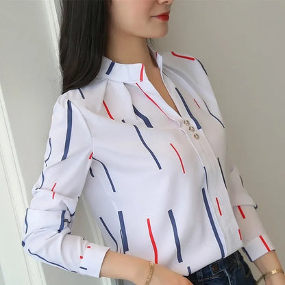 JFUNCY Women White Tops Women's Blouses Fashion Stripe Print Casual Long Sleeve Office Lady Work Shirts Female Slim blouse