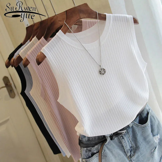 Knitted Vests Women Top O-neck Solid Tank Blusas Mujer De Moda Spring Summer New Fashion Female Sleeveless Casual Thin Tops