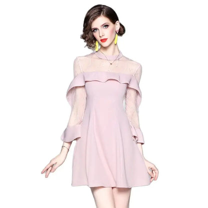 Spring and summer 2024 new women's mesh splicing Ruffle Dress celebrity perspective sheath dresses butterfly sleeve cloth