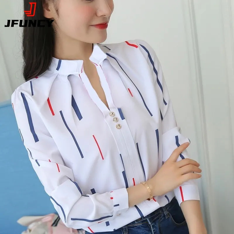 JFUNCY Women White Tops Women's Blouses Fashion Stripe Print Casual Long Sleeve Office Lady Work Shirts Female Slim blouse