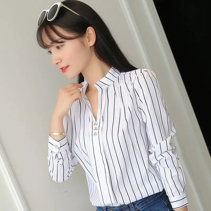 JFUNCY Women White Tops Women's Blouses Fashion Stripe Print Casual Long Sleeve Office Lady Work Shirts Female Slim blouse