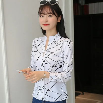 JFUNCY Women White Tops Women's Blouses Fashion Stripe Print Casual Long Sleeve Office Lady Work Shirts Female Slim blouse