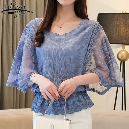 Fashion Women Blouses Spring New Chiffon Blouse Cotton Edge Lace Blouses Shirt Butterfly Flower Women Shirt Tops Blouse