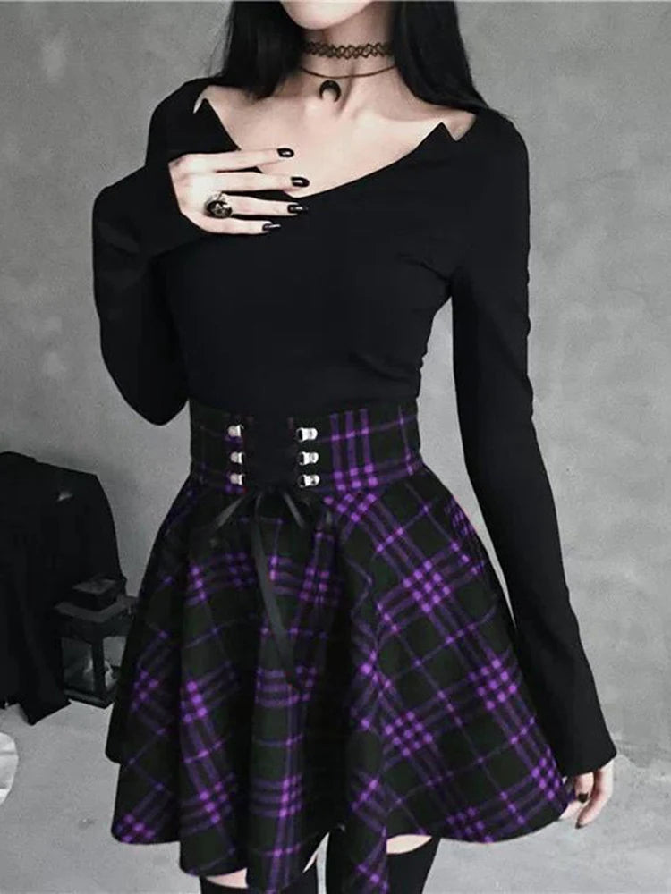 Black Checkered Women's Gothic Skirt Women Pleated Plaid Skirts Spring Autumn Girl Hip Hop Female Punk Goth Mini Skirt Clubwear