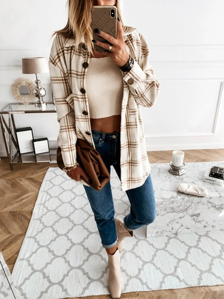 Autumn Spring Vintage Plaid Shirt Women Casual White Long Sleeve Pocket Collared Shirts Top Clothes