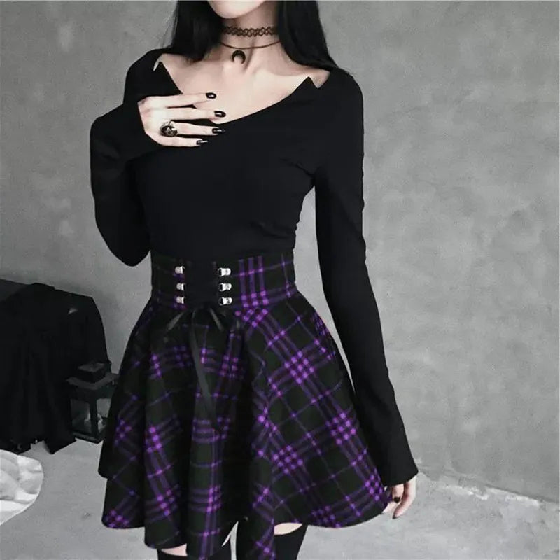 Black Checkered Women's Gothic Skirt Women Pleated Plaid Skirts Spring –  JPaenxy