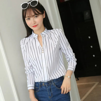 JFUNCY Women White Tops Women's Blouses Fashion Stripe Print Casual Long Sleeve Office Lady Work Shirts Female Slim blouse