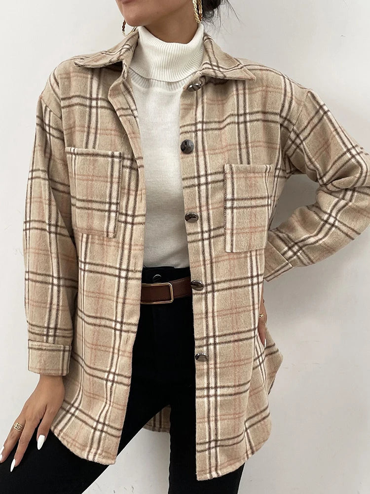 Autumn Spring Vintage Plaid Shirt Women Casual White Long Sleeve Pocket Collared Shirts Top Clothes