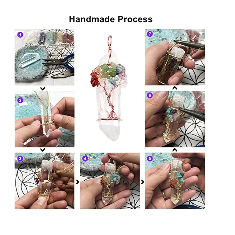 CSJA Natural Stone Rock Crystal Pendant Reiki Chakra Tree of Life Handmade Wire Wrapped Clear Quartz Pendant for Necklace