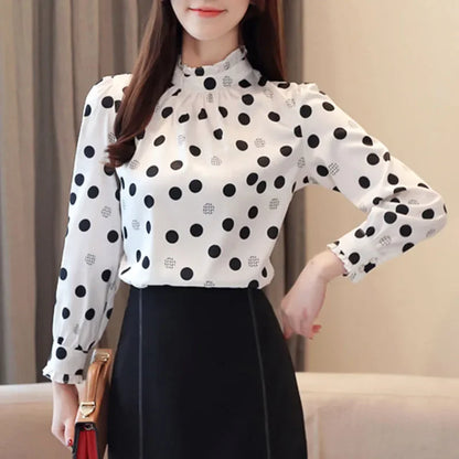 2024 Autumn Fashion Women Chiffon Shirts Long Sleeve Polka Dot Women Blouses Casual Stand Collar Women Tops 6113 50